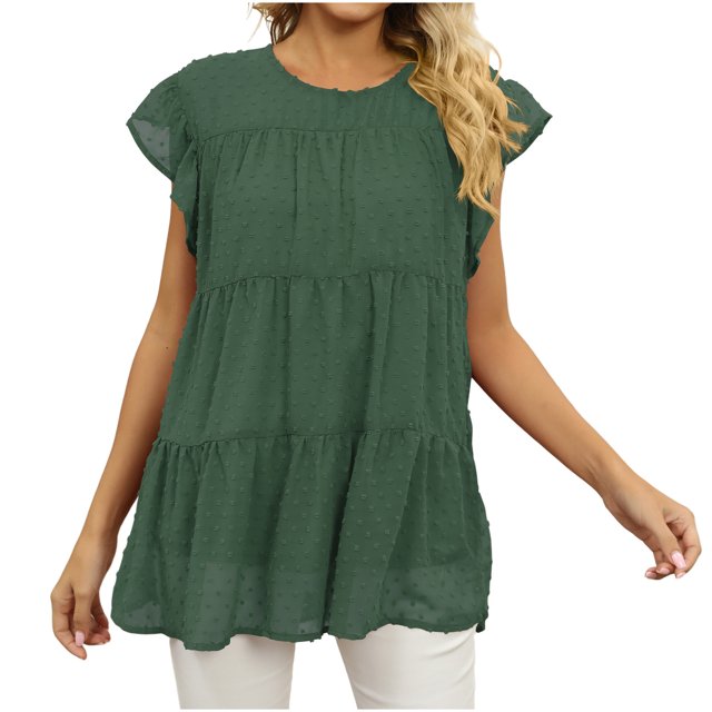 Timegard Womens Tops Chiffon Cap Sleeve Loose Blouse Lightweight Round Neck Summer Beach Vacation Tops