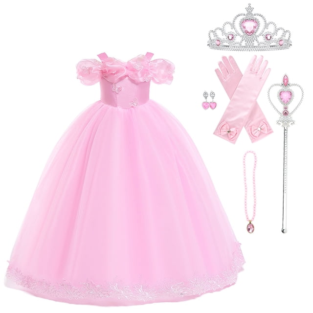 Cendrillon Robe de Princesse Papillon pour Filles, Costume de Luxe Rose, avec un Corsage en Velours Entièrement Doublé, un design Épaules Dénudées et des Appliqués de Papillons sur la Poitrine et les Poignets. la Robe a une Jupe Intégrale Charmante à Cinq Couches, Incluant un Jupon à Deux Couches Recouvert de tulle en Maille pour un Style Duveteux. les Accessoires Incluent un Diadème, une Baguette, des Gants, des Boucles d'Oreilles, un Collier et une Bague, la Rendant Idéale pour l'Halloween, Noël, les Mascarades Ou les Fêtes à Thème.