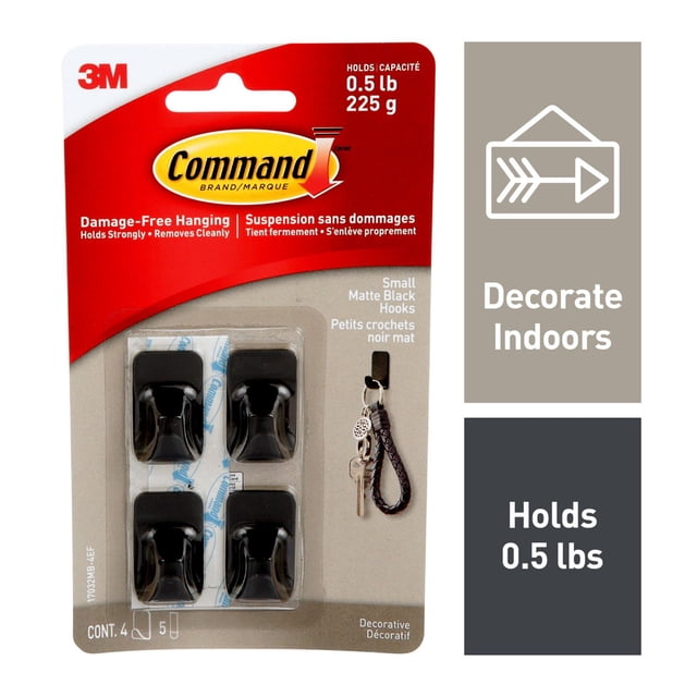Command™ 17032MB-4EF Crochet Décoratif, Petits Crochets Adhésifs Noir Mat, Lot de Quatre, Chacun Supportant jusqu'à 0,5 Lb (225 g), Conçu pour Être Suspendu Sans Dommages sur des surfaces Intérieures comme les Cloisons Séchées Peintes, le Bois, les Carreaux et le Verre, Convient pour Organiser des Clés, des Bijoux Ou de Petits Décors.