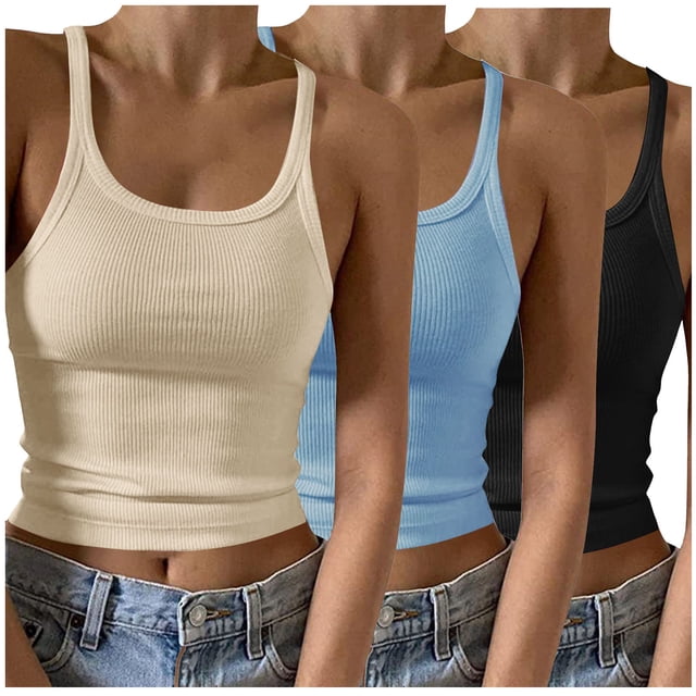 Timegard Camisoles 3 Pcs pour Femmes Col Rond Côtelé Sans Manches Ajusté Court Haut Décontracté Sortie Camis