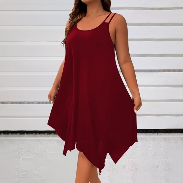 Ounisa Robe Camisole Midi Fluide Sans Manches à Encolure Dégagée et Ourlet Asymétrique pour Femme Grande Taille