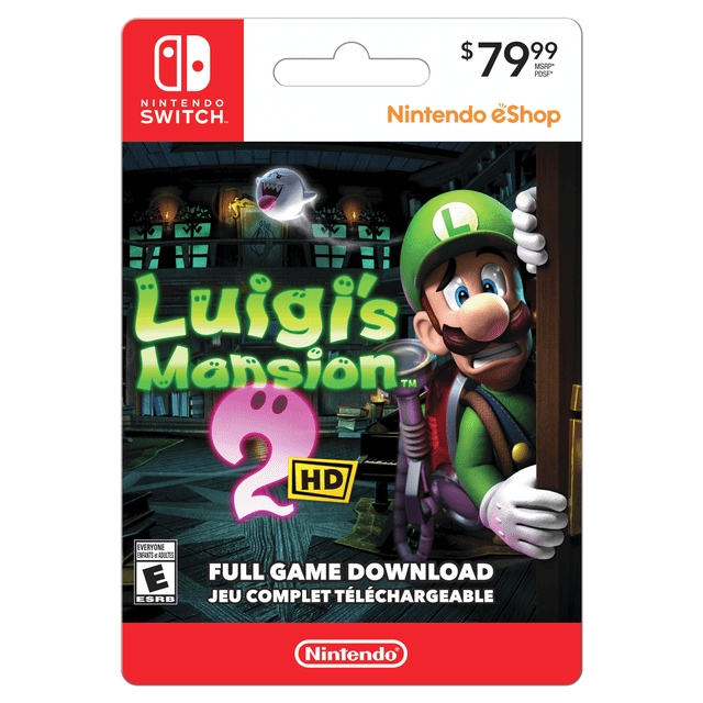 Nintendo Switch Luigis Mansion 2 Carte de Jeu Numérique HD Montrant Luigi Qui Jette un Coup d'Oeil Nerveusement depuis une Porte à l'Intérieur d'Un Manoir Sombre et Hanté avec Personnages Fantômes et Texte de Titre Vert Lumineux, au Prix de 79,99 $ pour le Téléchargement Complet du Jeu sur l'Eshop Nintendo.