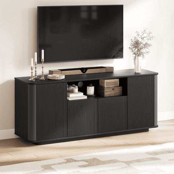 MARNUR Meuble Télé Cannelé pour Téléviseurs jusqu'à 65 Pouces, Console Multimédia Moderne de 55 Pouces avec Design Cannelé sur 3 Côtés, Portes à Pousser pour Ouvrir pour Salon, Noir