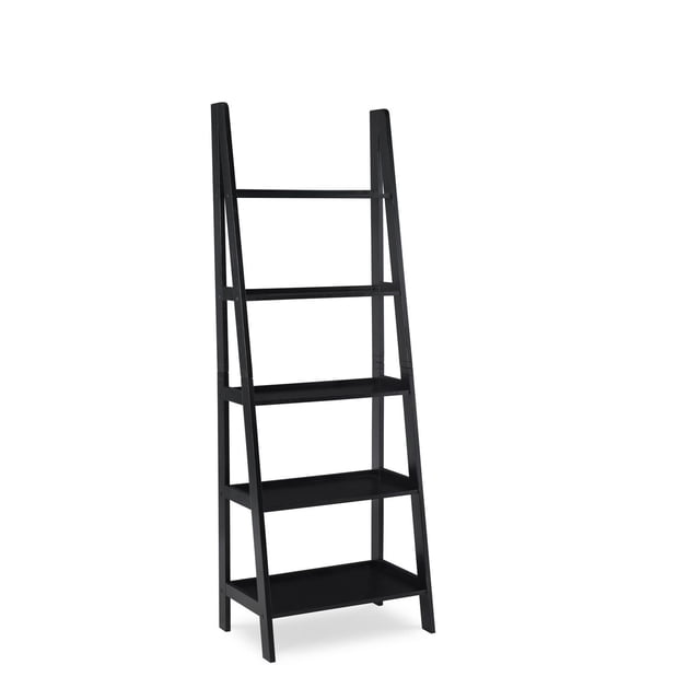 Aurora Ladder Bookshelf, Black, featuring five open shelves that taper in depth from bottom to top, designed for narrow spaces in home offices or living rooms, finished in black paint, measuring 35.35 inches wide by 16.5 inches deep and 72 inches tall, ideal for displaying books, décor, or small storage items.