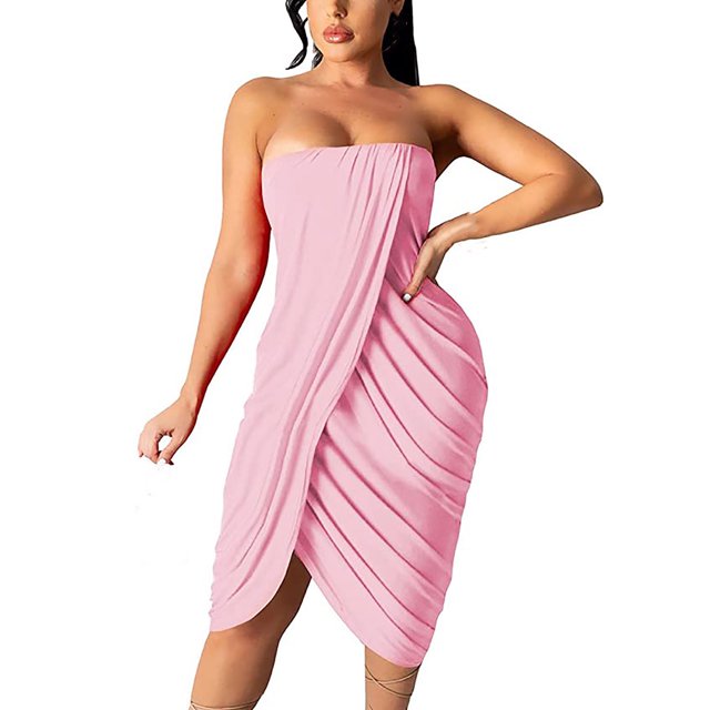 Fridja Robe d'Été Femme Unie avec Poitrine Enveloppée, une Épaule, Plissée