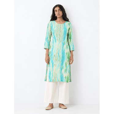 DWEEP SARA Kurta Droit pour Femmes en Viscose de Rayonne Bleu Turquoise – Imprimé Abstrait / Décontracté et Tenue de Travail / Manches 3/4 / Tissu Doux et Léger, L-40