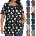 thumbnail image 1 of DDAPJ pyju Hauts Boho pour Femmes Grande Taille T-Shirts Graphiques Floraux Col Rond Manches Courtes Blouse d'Été Décontractée Tunique Coupe Ample Cache-Ventre Chemise en Solde Bleu Marine XXXXXL, 1 of 9