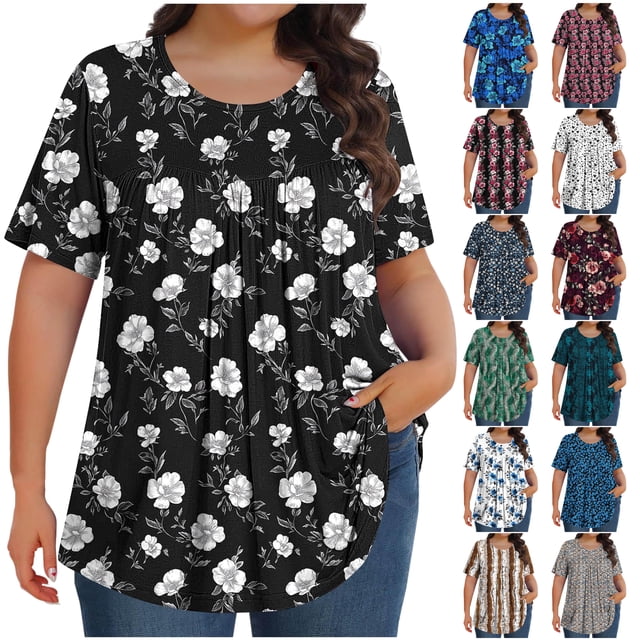 DDAPJ pyju Hauts Boho pour Femmes Grande Taille T-Shirts Graphiques Floraux Bleu Marine XXXXXL. Cette blouse Présente un Col Rond, des Manches Courtes et une Coupe Ample avec des Détails Plissés pour un design Fluide. le Motif Floral Complète Son style Estival Décontracté, Idéal comme Chandail pour Camoufler le Ventre Ou Tunique Grande Taille à Agencer avec des jeans, des leggings Ou des Jupes.