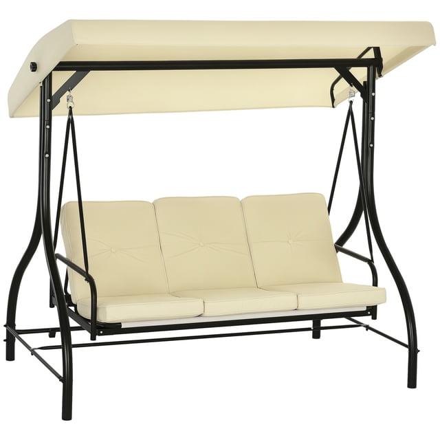 Outsunny Balançoire de Patio 3 Places avec Auvent, Lit Convertible de Porche avec Siège Coussiné beige et Cadre en Acier Enduit de Poudre Noir. Comprend un Auvent Réglable Résistant à l'Eau pour l'Ombre et Peut Se Convertir en Lit de Jour. Idéal pour une Utilisation Extérieure comme Balançoire de Porche Ou Balançoire avec Auvent, Capacité de Charge de 528 Lb.