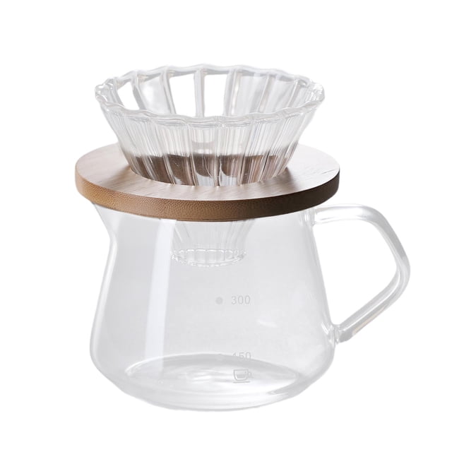 veasfak Homyl 1pc Heat Resistant Glass Pour Over Coffee Maker with Funnel Manual 300ML. A borosilicate glass coffee pot with a 300ml capacity, featuring a visible scale line for precise measurement. Includes a wooden holder and a glass dripper with vertical stripes for smooth water flow. The V-shaped spout ensures easy pouring, ideal for manual coffee brewing at home, office, or coffee shop.