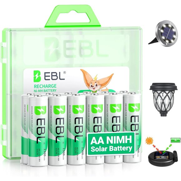 EBL Lot de 12 Piles AA Rechargeables 1300 mAh, Piles Solaires Grande Capacité, 1,2 V Préchargées pour Appareils Extérieurs et Domestiques, Recharge Rapide