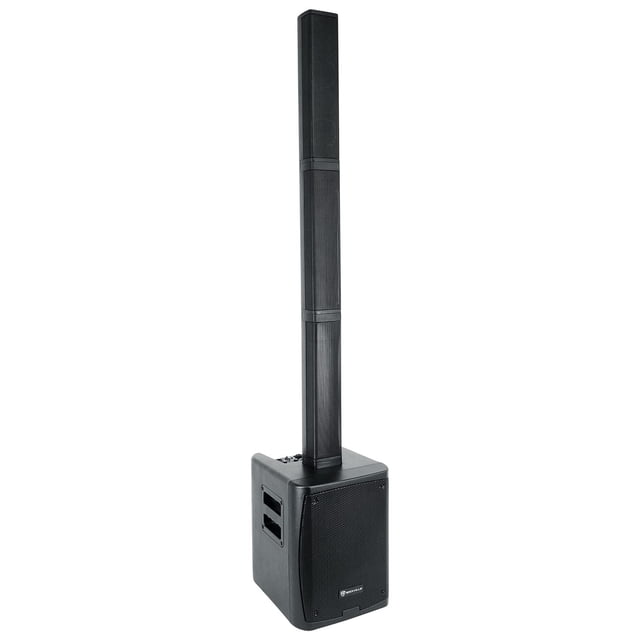 Rockville Titan Portable Array Battery Powered PA DJ Speaker System with subwoofer in black. The system features a tall, column-style speaker array mounted on a compact subwoofer base, designed for portability and professional sound reinforcement. Ideal for DJs, live performances, and events.