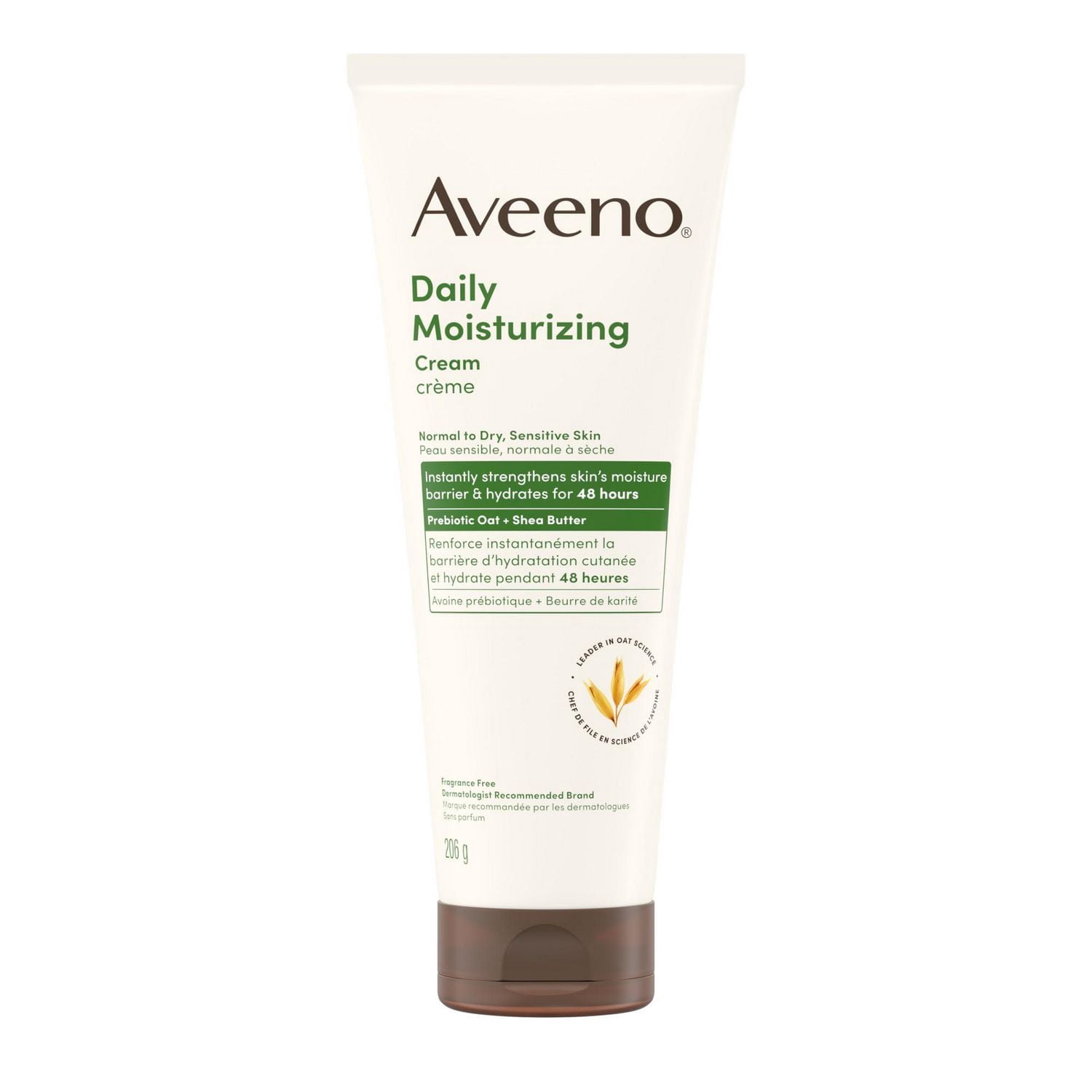 Aveeno Daily Moisturizing™ Cream with Prebiotic Oat & Shea Butter, for Normal to Dry, Sensitive Skin, Hydrates Face for 48 Hours, Fragrance Free, & Non-Comedogenic, 206 g
