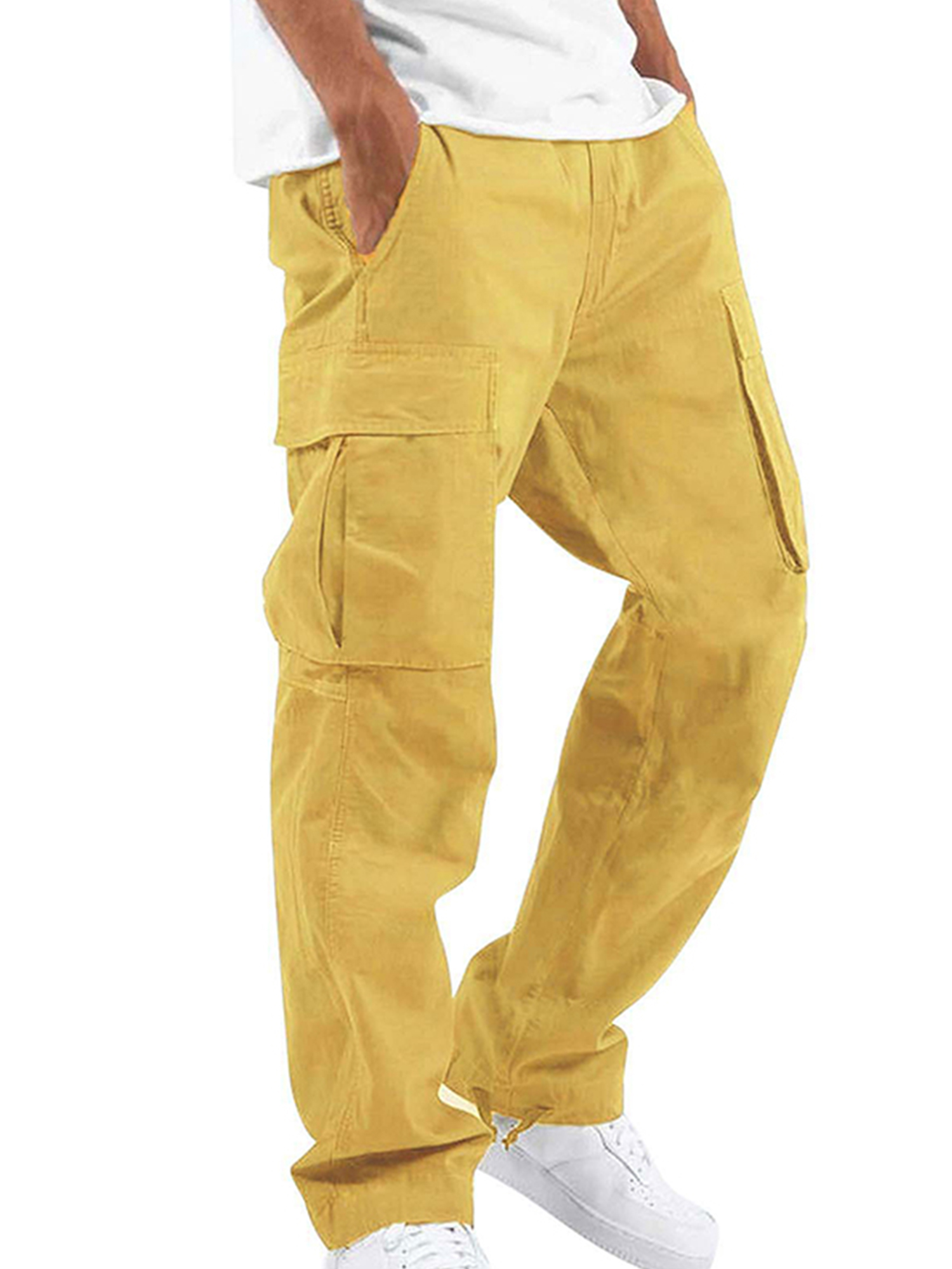 LUXUR Mens Drawstring Trousers Casual Sports Cargo Pant Yellow 5XL