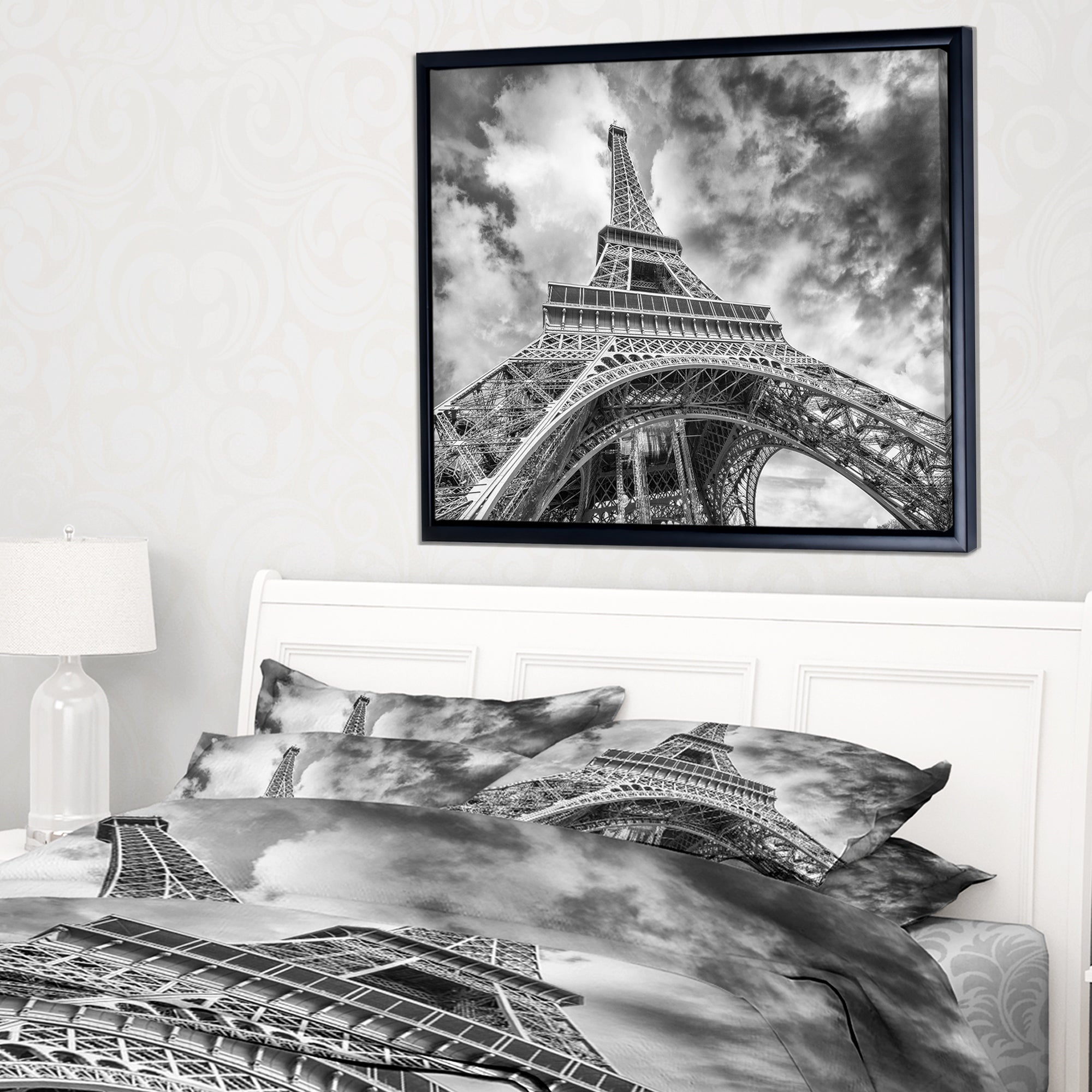 Design Art Black And White View of Paris Paris Eiffel Tower Framed Canvas Art Print