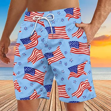 Gspmoly Shorts Men, Men'S Casual Independence Day Printed Drawstring Trouser Beach Shorts Pants with Pocket Mens Swim Shorts Holiday Gifts Light Blue XXL