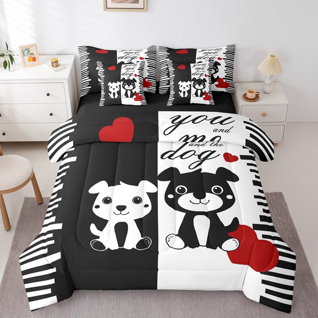 Erosebridal Ensemble de Lit pour Chien de Dessin Animé, Format Double, Ensemble de Lit Noir et Blanc, Réversible, 7 Pcs