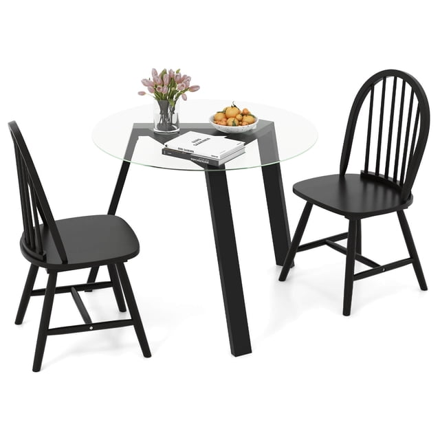 Costway 3 PCS Dining Set for 2 Round Table with 2 Chairs Solid Rubber Wood Frame Modern Black