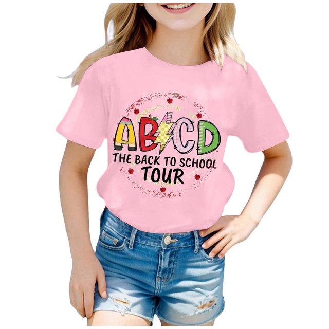 AWZXDE Hauts pour Filles Enfants Rentrée des Classes T-Shirt Graphique à Manches Courtes Col Rond Lumineux Confortable pour Garçons et Filles