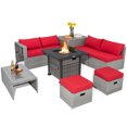 thumbnail image 1 of Patiojoy 9 Pieces Outdoor Patio Furniture Set with 32-Inch Propane Fire Pit Table Outdoor PE Wicker Space-Saving Sectional Sofa Set with Storage Box and Cushions Red, 1 of 9
