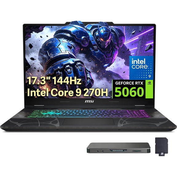 msi Cyborg 17 Portable de Jeu 17,3 Po FHD 144 Hz, Intel Core 9-270H, NVIDIA GeForce RTX 5060, 32 Go DDR5, Stockage 2 To (SSD 1 To + Ensemble Station d'Accueil 1 To), Clavier Rétroéclairé, Wi‐Fi 6E, Win 11, Noir Translucide