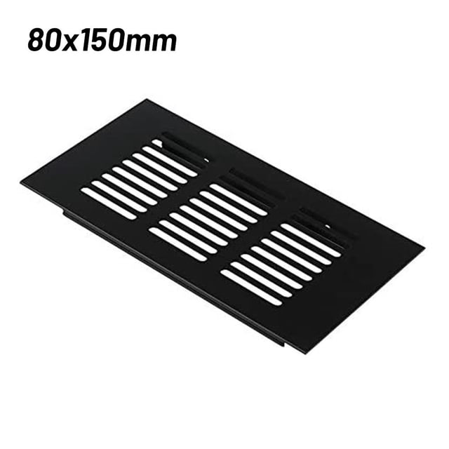 Lefu Black Alloy Rectangular Air Vent Grille Ventilation Cover, measuring 80x150mm, designed for efficient airflow in cabinets, wardrobes, and closed spaces. Made from durable aluminum alloy with a sleek black finish, featuring a rectangle shape and slotted design. Ideal for use with extractor fans in bathrooms, kitchens, hydroponics setups, or as a register grille.