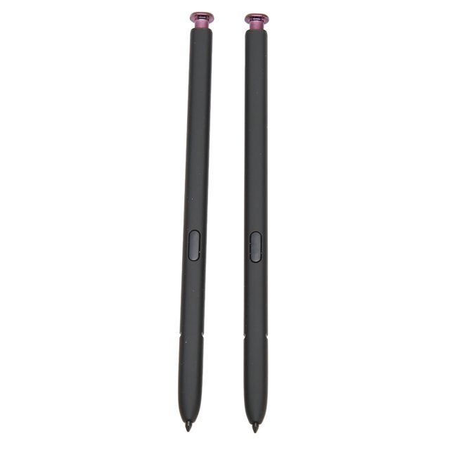 2Pcs Stylus Pen, Replacement S Pen with 5pcs pen tips designed for S22/S22 Ultra 5G. The image shows two black stylus pens with a sleek design, featuring buttons on the side and purple accents at the top. These styluses are made of plastic and offer high sensitivity for precise writing and drawing. Accessories include 5 pen tips, an ejection pin, a brush, tweezers, and a plastic blade.