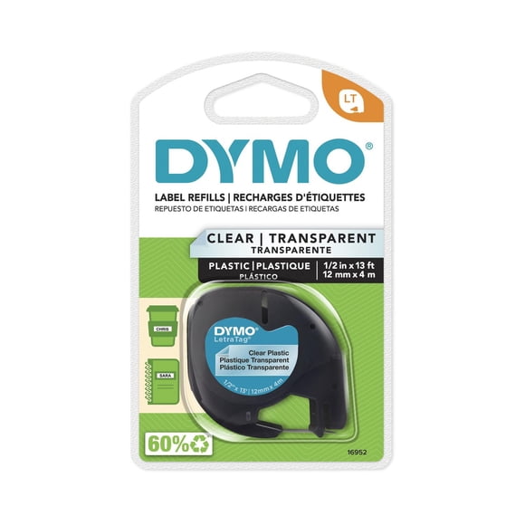 Étiquettes en plastique DYMO LetraTag, impression noire sur étiquettes transparentes, rouleau de 1/2" x 13 pieds