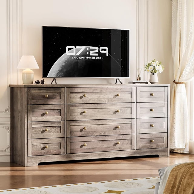 Commode en Bois à 12 Tiroirs, Commode Moderne et Meuble Télé pour Télé de 65 Pouces, Chambre, Garde-Robe, Salon, Couloir, Gris