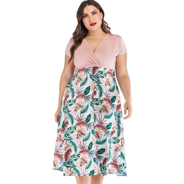 EQWLJWE Robes pour Femmes Été Tunique Décontractée Grande Taille Imprimé Col en V Manches Courtes Longueur Genou Jupe Robe-Chemise Robe d'Été Plage