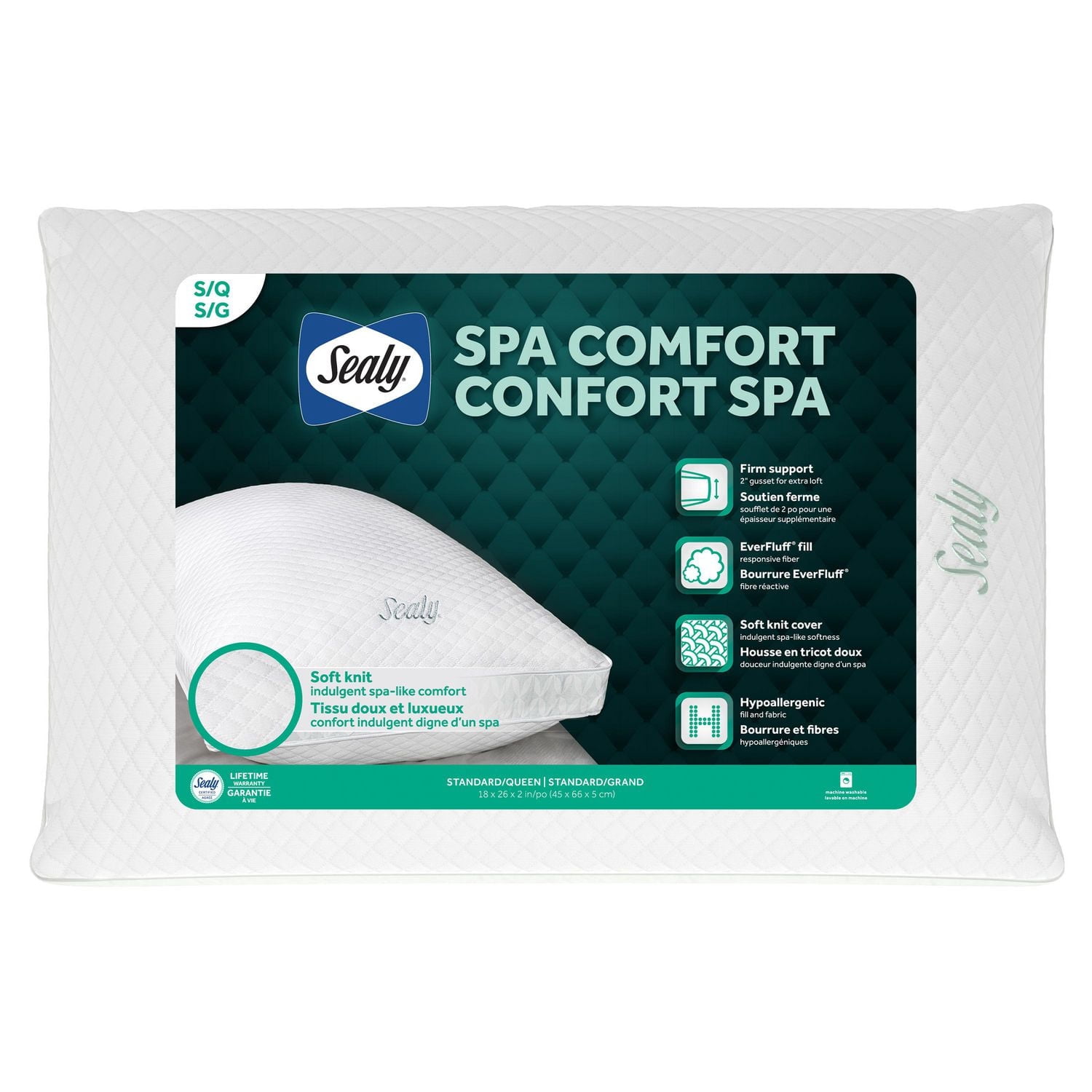 Sealy Spa Comfort Bed Pillow, King- Firm Support, Soft Knit Cool Touch Fabric