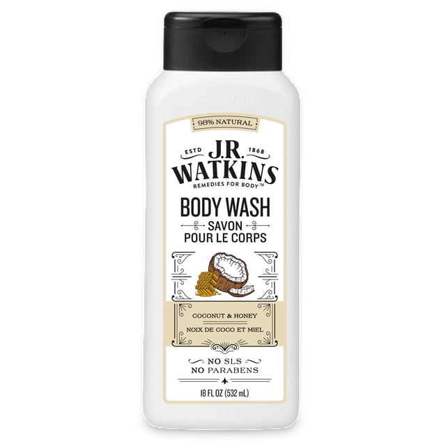 JR Watkins Gel Douche à la Noix de Coco et au Miel dans une Bouteille en Plastique Blanche avec Bouchon à Rabat Noir, Étiqueté 98 % Naturel, Sans SLS, Sans Parabènes, 18 fl oz (532 ml), avec des illustrations de Noix de Coco et de Miel, Conçu pour un Nettoyage Doux et Hydratant Lors des routines de Bain et de Douche.
