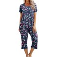 thumbnail image 1 of Mikilon Pyjama Décontracté pour Femmes, Ensemble de Sommeil Mode Imprimé à Manches Courtes, Pantalon Capri, 2 Pcs, Col Rond, Tenue de Détente Décontractée avec Poches, Ensemble 2 Pcs, Bleu Marine, G, 1 of 8