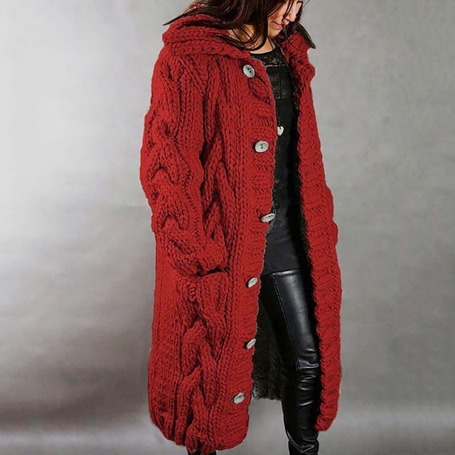 IMENGL Plus Size loose hooded long knit cardigan coat Solid Color, Red L, Size M-5XL