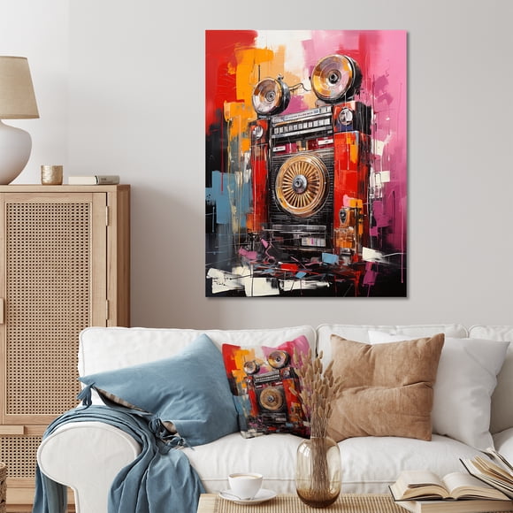 Designart "Abstract Rhythms Journey Through the Jukebox I" Jukeboxes Metal Wall Art, Pink Metal Wall Decor, Modern Metal Art Decor For Entryway - 24x32 Inch