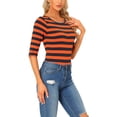 thumbnail image 4 of INSPIRE CHIC Hauts pour Femmes Non Doublés Col Rond Manches au Coude Coupe Ajustée T-Shirt Décontracté m Orange Bleu Marine, 4 of 6