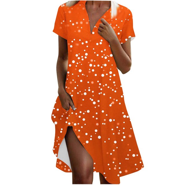VEKDONE Robe Mode Femme à Imprimé Polka Col en V Manches Courtes Ample et Confortable Orange TG