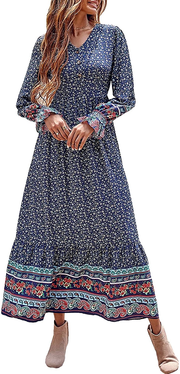 Robe Maxi à Manches Longues pour Femmes - Col en V, Décontractée, Boutonnée, Bohème, à Imprimé Floral, Automne, Longues Robes