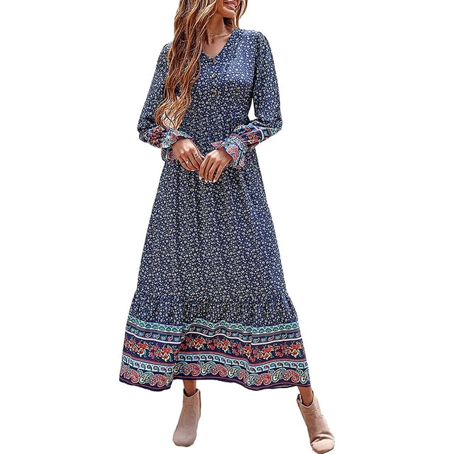 Robe Maxi à Manches Longues pour Femmes - Col en V, Décontractée, Boutonnée, Bohème, à Imprimé Floral, Automne, Longues Robes