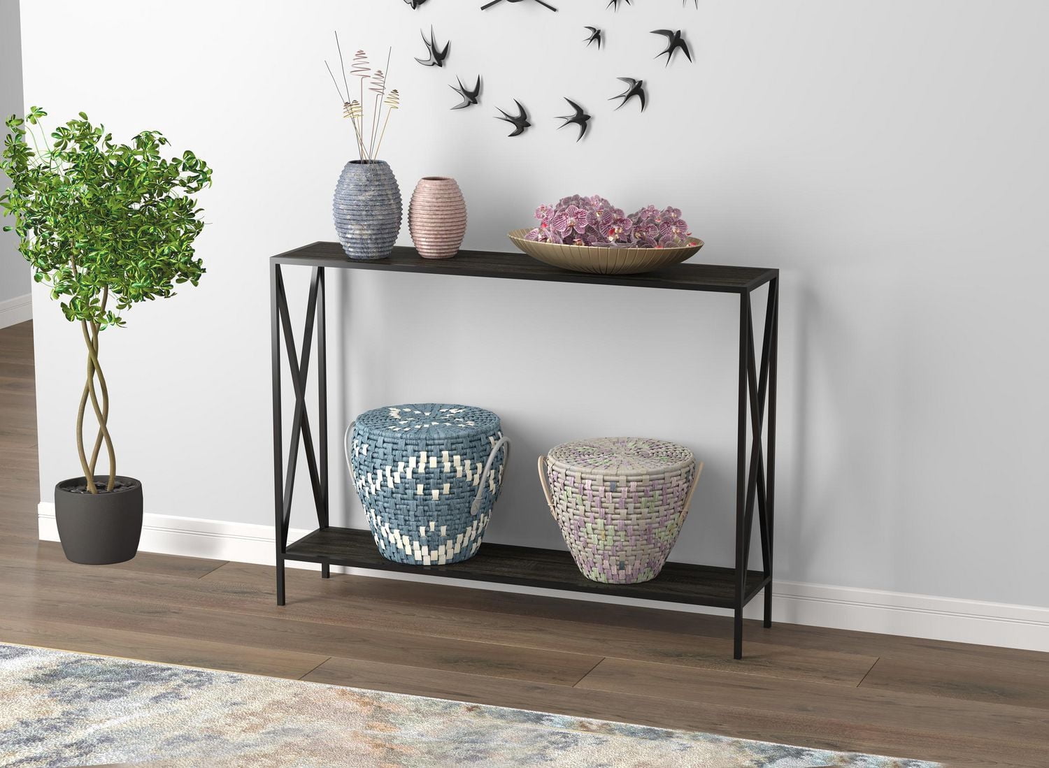 Safdie & Co. Table Console Bois Gris Foncé 1 Étagère Métal Noir