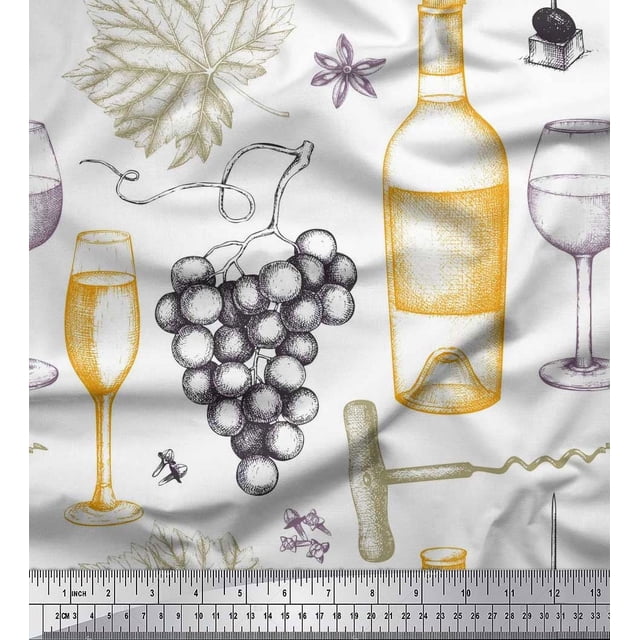 Soimoi Georgette Viscose Fabric Grapes,Wine Glass & Bottle Decor Fabric Printed Yard 42 Inch Wide