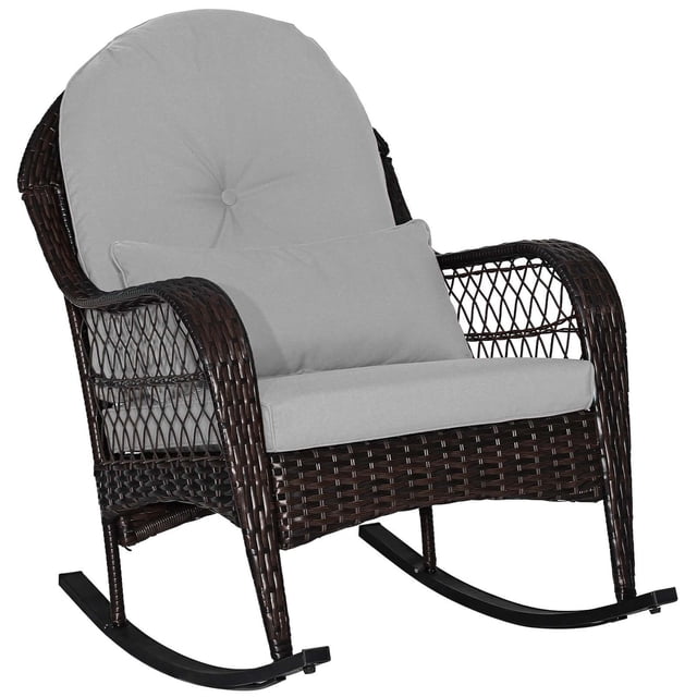 Costway Patio Wicker Rocking Chair with Seat Back Cushions & Lumbar Pillow Porch Gray. This outdoor rocking chair features a mix brown PE rattan frame with a gray seat cushion, back cushion, and lumbar pillow for added comfort. The ergonomic design includes curved armrests and a backrest, supported by a sturdy metal frame with bottom stoppers for safe rocking. Suitable for porches, backyards, and poolside use. Dimensions: 39 x 28.5 x 36 inches.