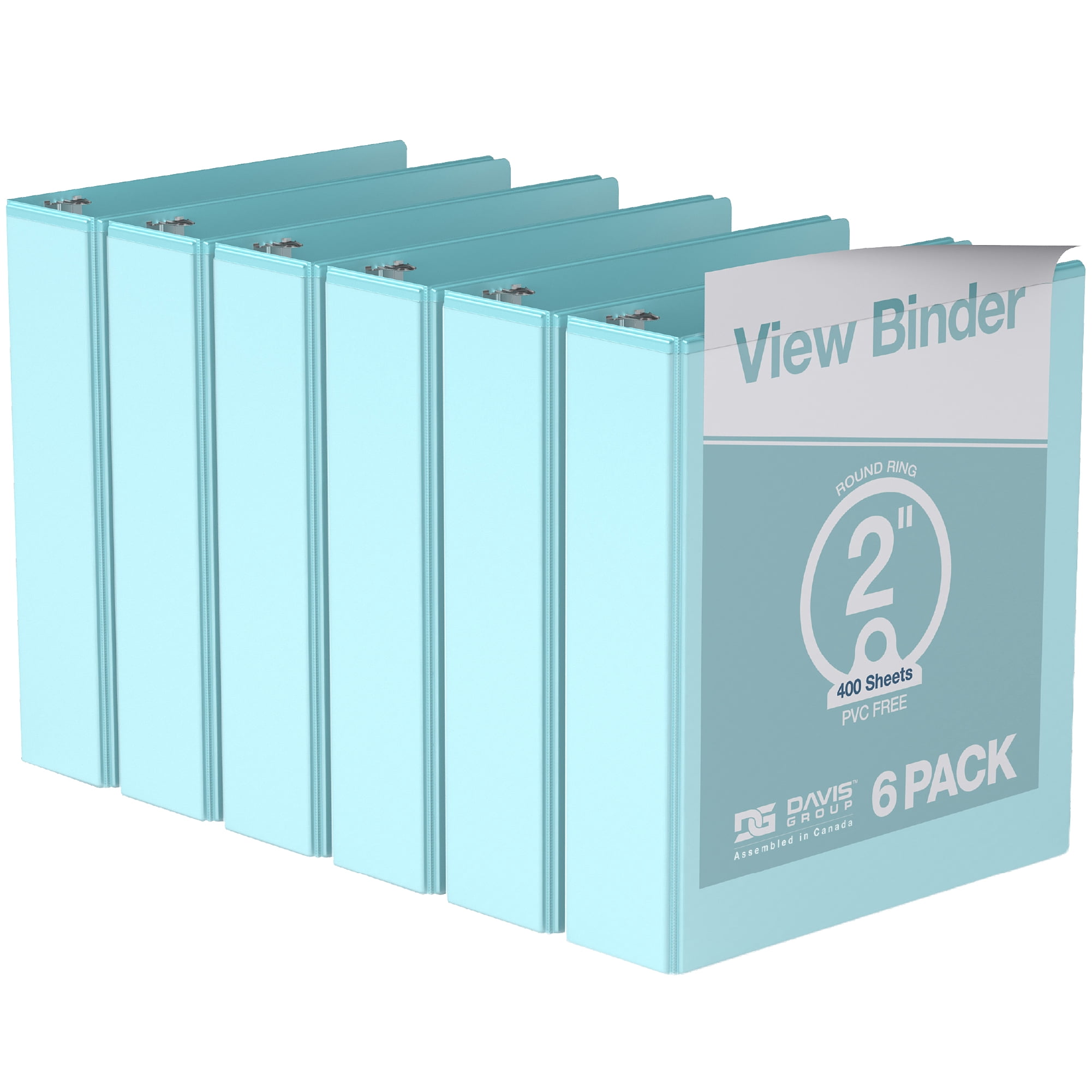 Davis Group Economy 3-Ring View Binders, 2" Round Rings, 475 Capacity, Aqua, Pack of 6