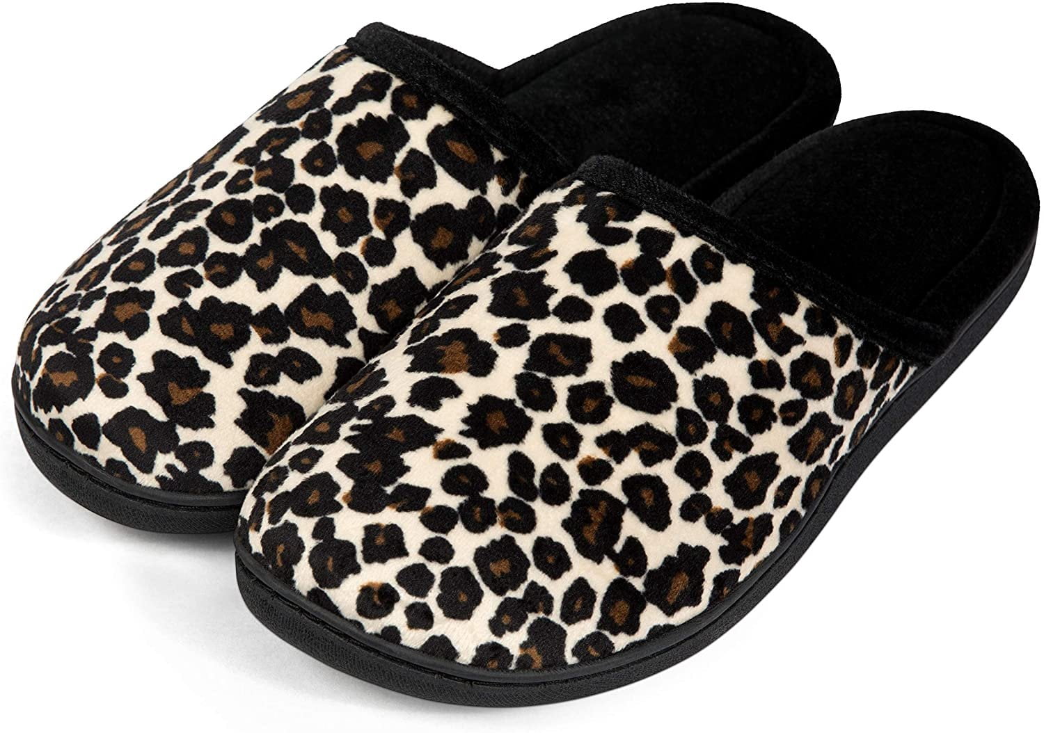 Roxoni Womens Leopard Print Slippers, Cozy Slip On Memory Foam Black