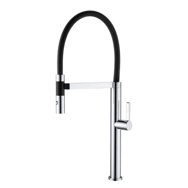 akuaplus® CLARA Robinet de Cuisine Magnétique à 1 Poignée avec Fini chrome et Bec TPE flexible Noir. Il Comprend un Seul Levier pour le Contrôle de l'Eau et une Tête de jet Magnétique à Tirer avec jet et Fonctions de jet Aéré, Convient à une Utilisation Polyvalente dans l'Évier de Cuisine.