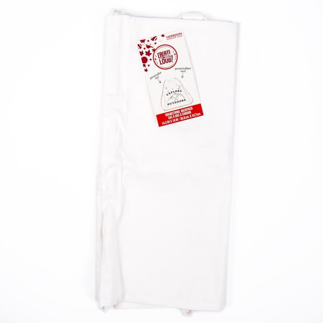 Créez Fort! Sac à Cordon Personnalisable en Blanc 100 % Coton, Plié à Plat avec une Étiquette de Produit Montrant un Motif d'Échantillon et une Taille de 14,5 Po x 18 Po, Idéal pour les Projets d'Arts et de Bricolage pour Enfants Utilisant de la Peinture sur Tissu, de la Teinture sur Nœuds et d'Autres Ornements en Tissu.