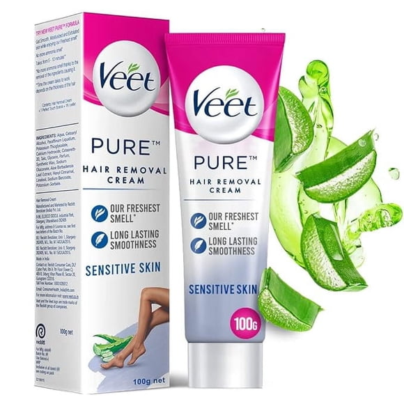 Veet Crème Pure d'Épilation pour Femmes Sans Odeur d'Ammoniaque, Peau Sensible - 100 g / Convient aux Jambes, Aisselles, Ligne de Bikini, Bras / Douceur Plus Longue Durée Que les Rasoirs