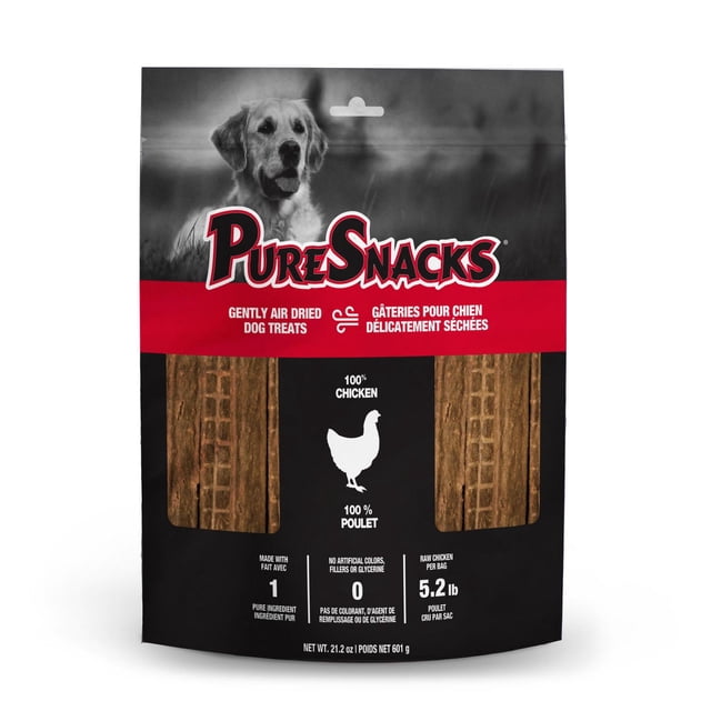 PureSnacks Chicken Jerky Dog Treats, 1 ingredient, 601g, resealable black and red bag featuring a golden retriever image, showing two rectangular air-dried chicken jerky treats made from 100% chicken with no fillers or artificial colors, using 5.2 lb raw chicken per bag for nutritious high-protein dog snacks.