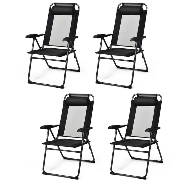 Gymax Lot de 4 Chaises Pliantes Chaises Inclinables Réglables avec Appuie-Tête Patio Jardin Noir