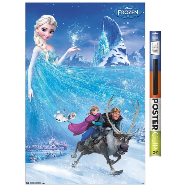 La Reine des Neiges de Disney - Affiche Murale d'Aventure en une Feuille, 22,375 Po x 34 Po Représentant Elsa dans une Robe Bleu Étincelant Créant des Flocons de Neige, Olaf le Bonhomme de Neige à Proximité, et Anna et Kristoff Chevauchant Sven le Renne à Travers un Paysage Enneigé avec un Château de Glace Lumineux et un village en Arrière-Plan, Imprimée sur Papier Lustré pour une Déco Murale Vibrante Convenant aux Chambres Ou aux Salles de Jeux.